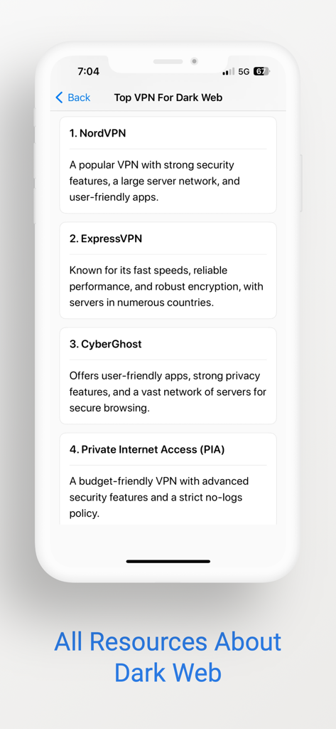 안전하고 익명으로 검색할 수 있는 상위 VPN 추천 큐레이션 목록을 보여주는 다크 웹 가이드 앱의 스크린샷입니다.
