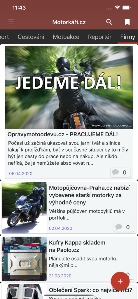 Motorkari.cz - Screenshot of the Motorkari.cz mobile app news feed featuring motorcycle articles and company news.
