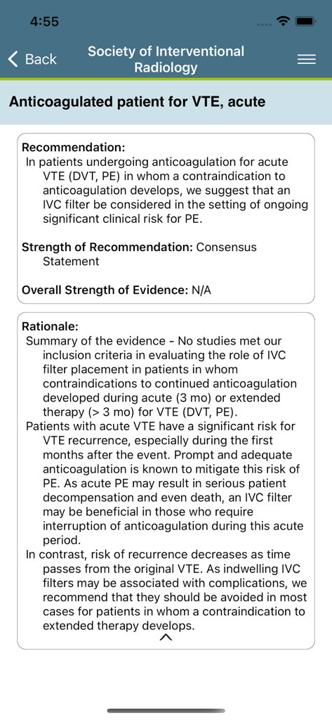Screenshot of the SIR Guidelines app showing clinical recommendations and rationale for IVC filter use in acute VTE patients.
