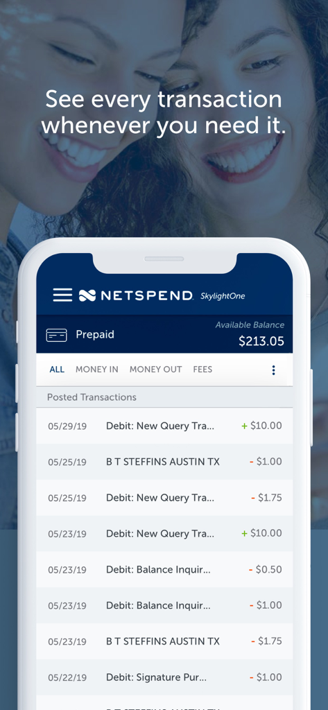 Netspend Skylight ONE app interface displaying transaction history and prepaid card balance