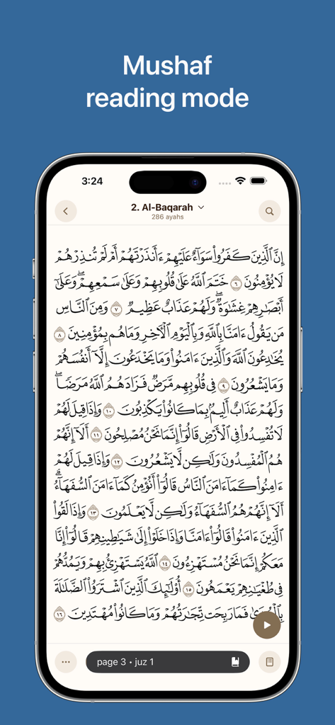 Quran Academy app interface showing Mushaf reading mode with Arabic text