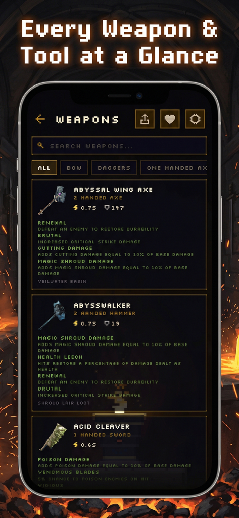 Companion for Enshrouded - Una pantalla de base de datos de armas en la aplicación Compañero para Enshrouded que muestra estadísticas y ventajas para varias armas del juego como el Hacha Abisal.