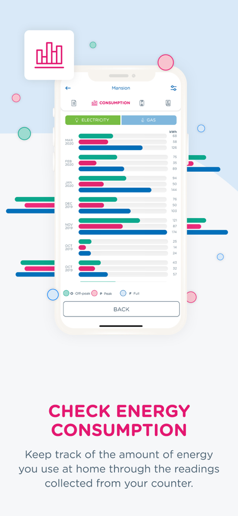 Goldenergy - Bildschirm der Goldenergy App mit monatlichen Energieverbrauchswerten in bunten Balkendiagrammen