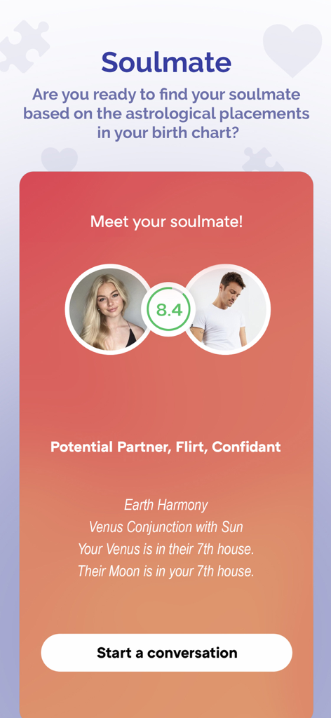 Ms Astro - Astrology - Ms Astroアプリのインターフェースで、ユーザー間の星座ソウルメイトの相性スコアと人間関係の洞察を表示。