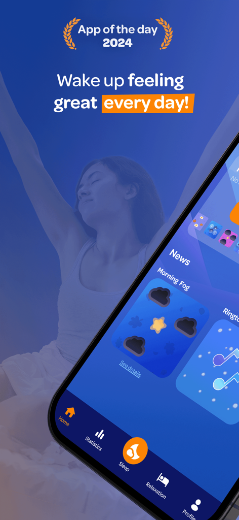 Personal Morning Routine WayUp - WayUp app interface on a smartphone showing sleep and relaxation features with a woman stretching in the background