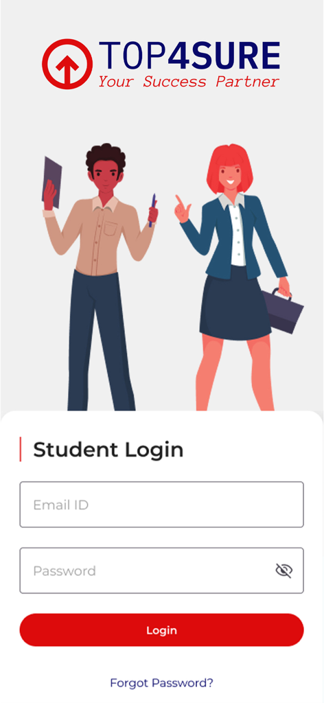 TOP4SURE - TOP4SURE student login screen with email and password input fields and a professional illustration