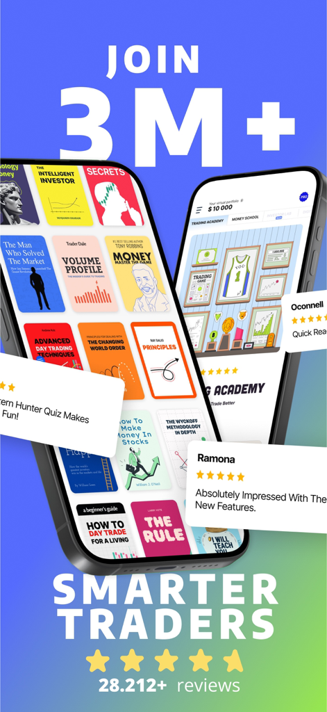 Trading Game app interface featuring financial education book summaries and positive user reviews