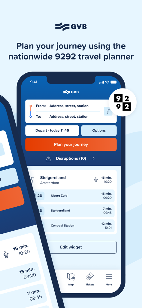 Interfaz del planificador de viajes de la app GVB con información de transporte en tiempo real
