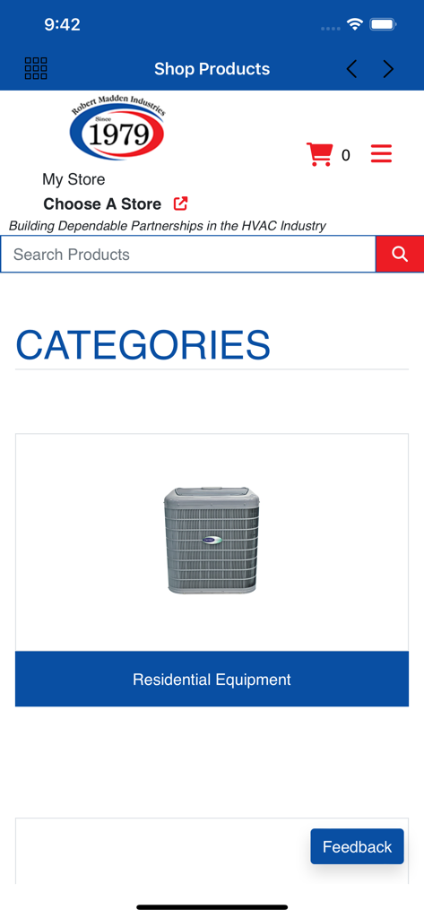 Robert Madden Industries - Robert Madden Industries app interface showing HVAC product categories including residential equipment