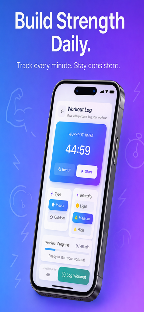 75 Soft Challenge Tracker App - Workout log interface showing a timer and intensity settings in the 75 Soft Challenge Tracker app