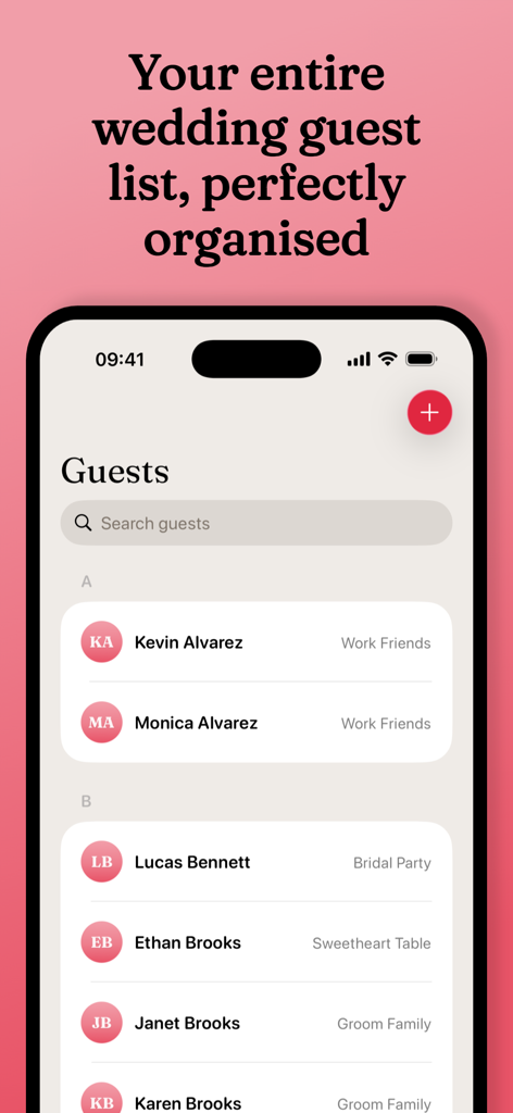 Mobile app screen displaying a wedding guest list organized by categories like bridal party and family