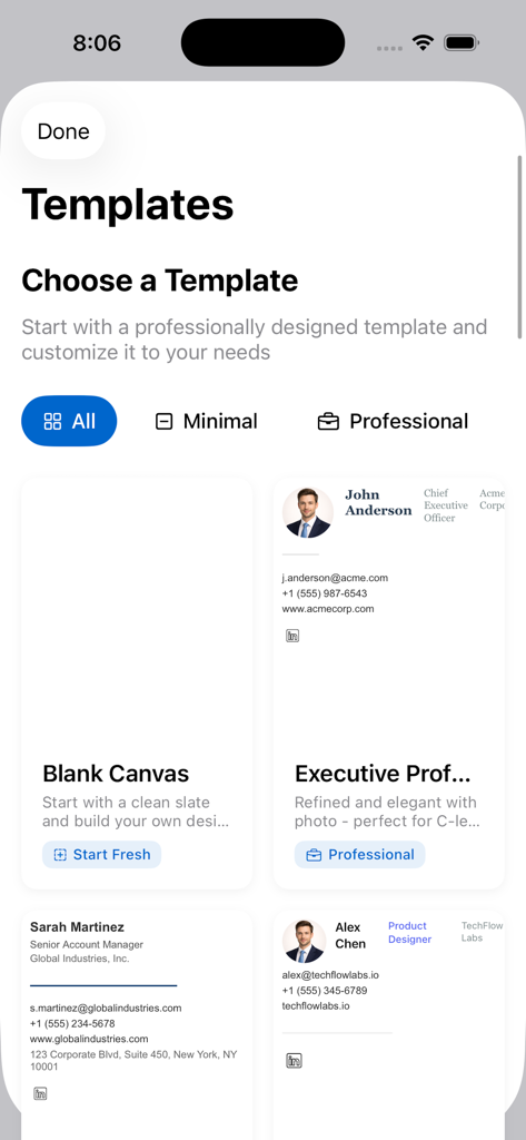 Sélection de modèles de signature d'e-mail professionnels dans l'application Signature Pro