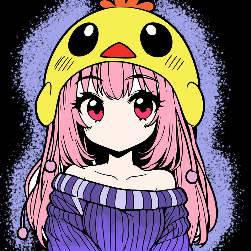 anime girl with chick shaped hat with sweater with bare shoulders with bangs covering them one eye with low tail