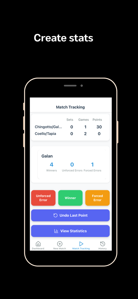 Padel Stats Proアプリのインターフェースで、リアルタイムの試合追跡、スコア、プレイヤーのパフォーマンス統計（ウィナーとエラー）を表示