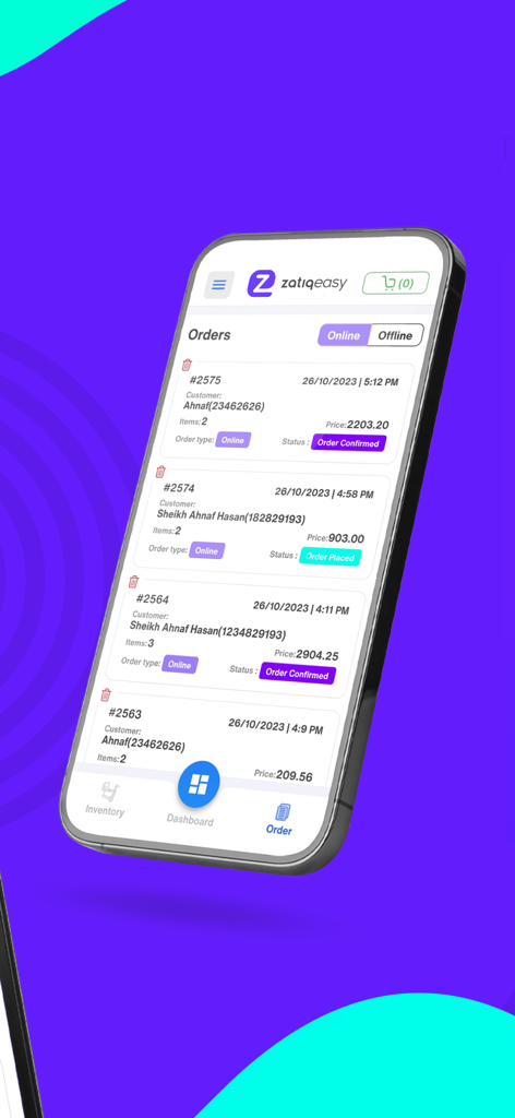 Zatiq Easy - eCommerce Builder - Mobile interface of Zatiq Easy app displaying a list of online and offline customer orders