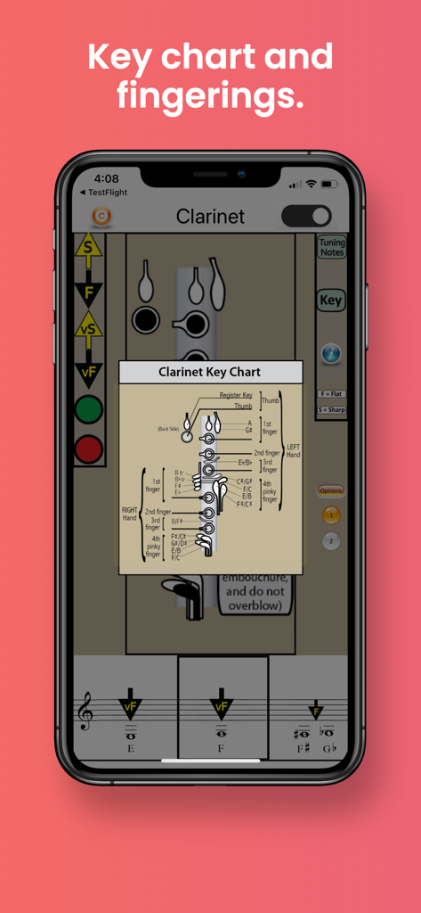 Clarinet Fingering & Tuning - Exibição de smartphone mostrando um gráfico detalhado de chaves de clarinete e notas musicais com indicadores de afinação