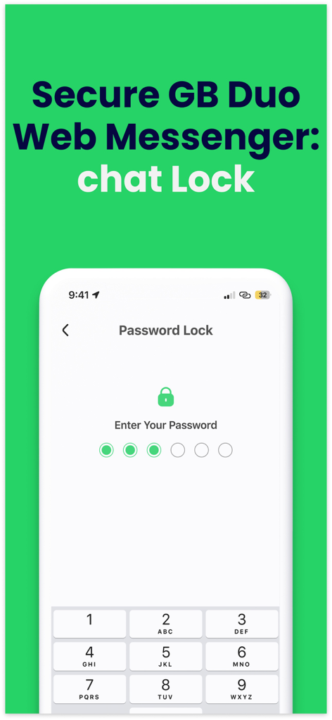 Gb Dual Messenger・Duo Web Chat - Écran de verrouillage de chat sécurisé pour GB Dual Messenger montrant la saisie du code d'accès et le clavier numérique