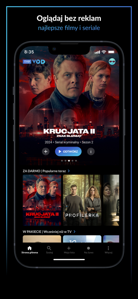 TVP VOD - Uno smartphone che visualizza la homepage dell'app TVP VOD con la serie polacca poliziesca Krucjata II e una libreria di film.