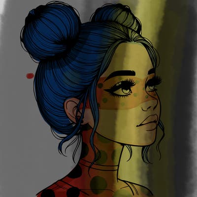 realistic girl with buns on the top of her head