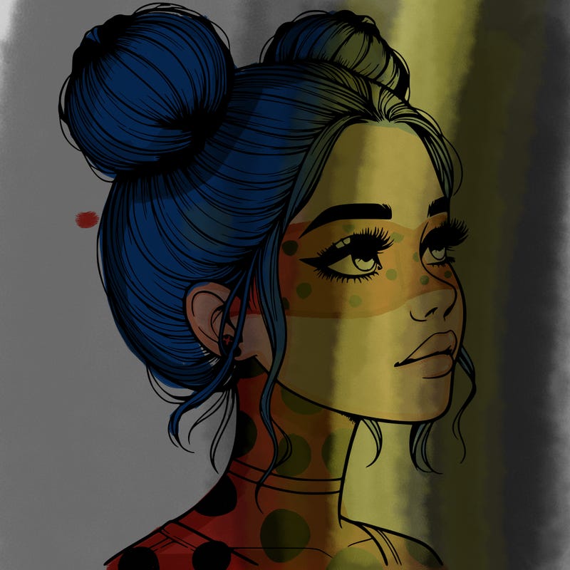 realistic girl with buns on the top of her head