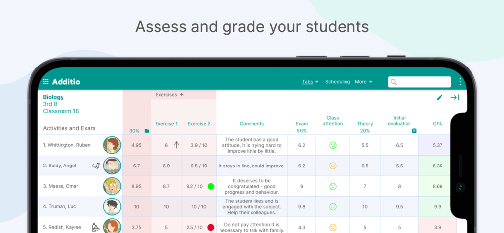 Additio App, Teacher gradebook - Interfaz de la calificadora digital que muestra las calificaciones y métricas de rendimiento de los alumnos en Additio App