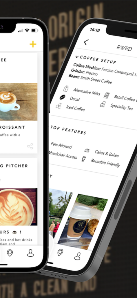 RWRD - RWRDアプリインターフェース。ペットフレンドリーや車椅子アクセスなどの設備や機能を含む、個性的なコーヒーショップの詳細を表示。
