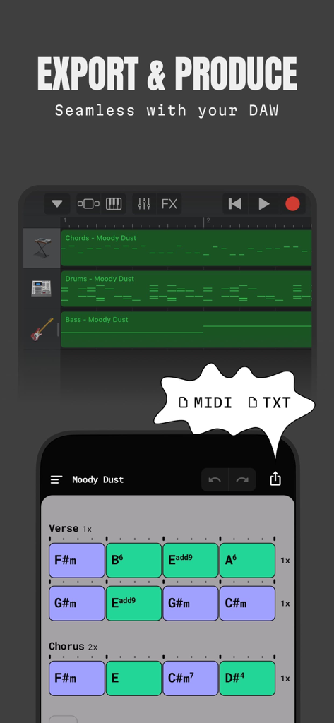 ChordButter app displaying MIDI export options and a chord progression for songwriting