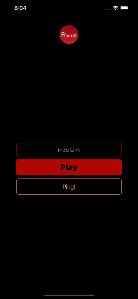 Aroma Red Player - Interface do aplicativo Aroma Red Player mostrando o campo de entrada do Link M3u e o botão Play em um fundo com tema escuro
