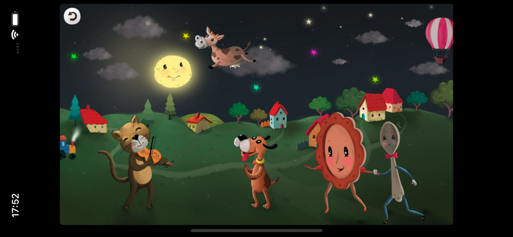 Popular Nursery Rhymes  kids - Escena animada de la rima infantil "Hey Diddle Diddle" con un gato tocando el violín y una vaca saltando sobre la luna.