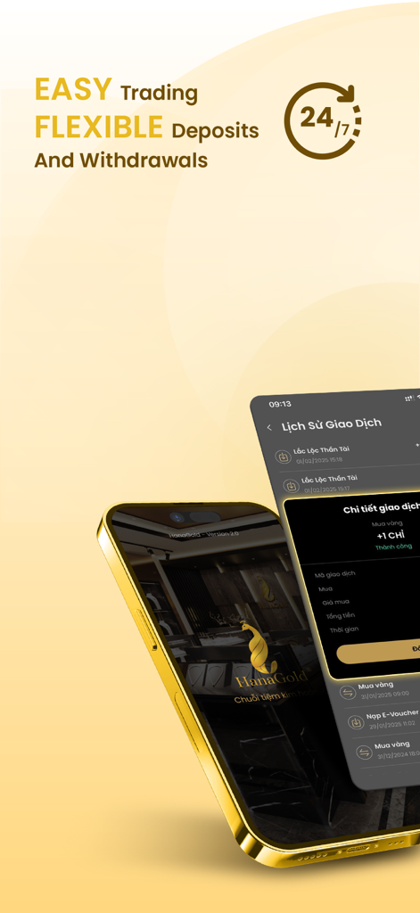 HanaGold app interface on a golden iPhone showing easy 24/7 gold trading deposits and withdrawals