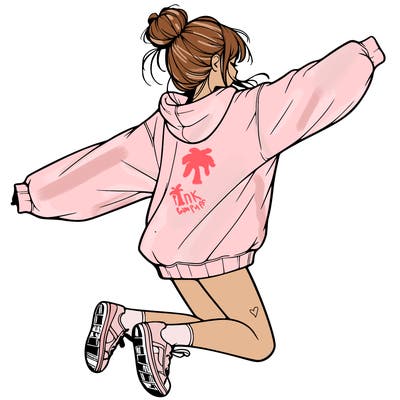 realistic girl jumping with a bun and oversized sweatshirt