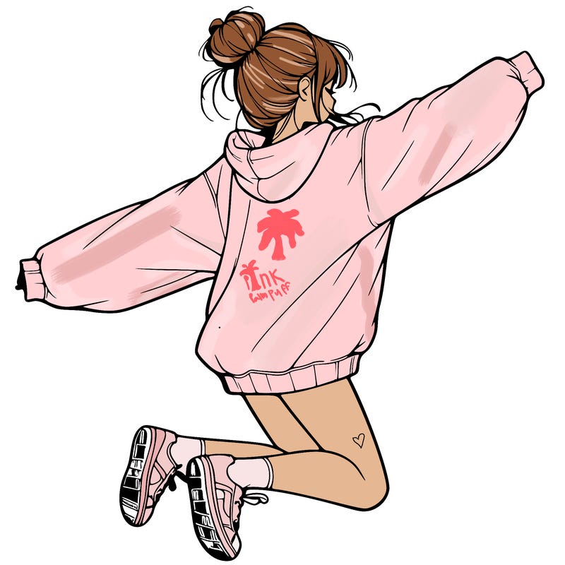 realistic girl jumping with a bun and oversized sweatshirt