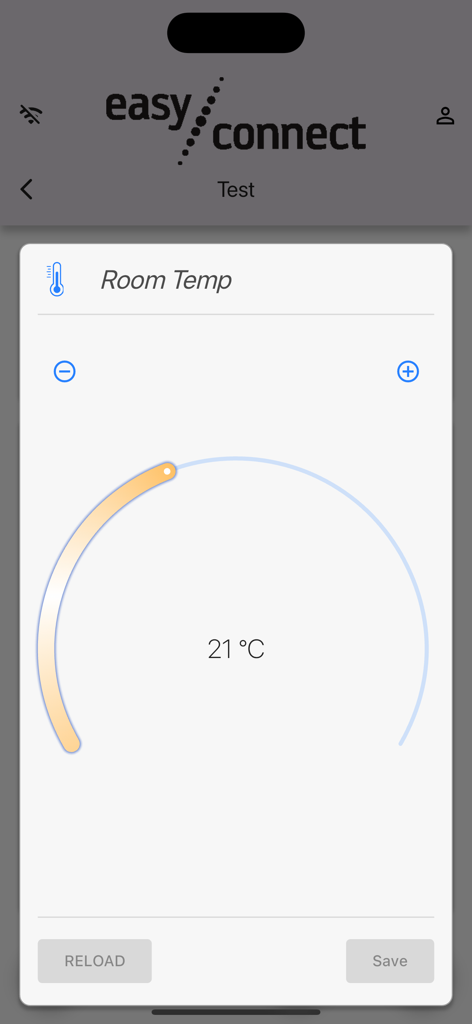 Écran de l'application Easy Connect by MCZ pour régler la température ambiante avec un cadran réglé sur 21 degrés Celsius