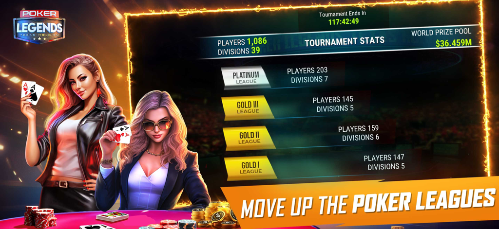 Texas Holdem: Poker Legends - Texas Holdem Poker Legends league ranks and tournament statistics screen