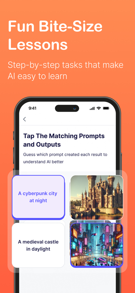 Lição interativa de IA no aplicativo Coursiv Junior onde as crianças combinam prompts de texto com imagens geradas