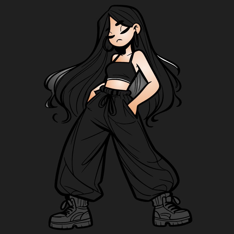 girl in baggy pants crop top and long hair
