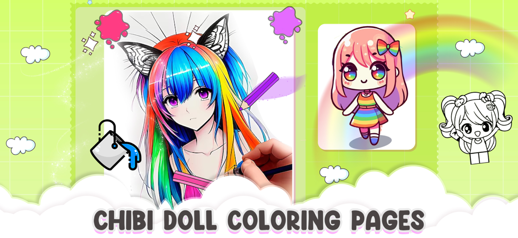 Anime Chibi Dolls Girl Games - Páginas para colorear de muñeca chibi de anime coloridas con cabello de arcoíris y herramientas de dibujo.