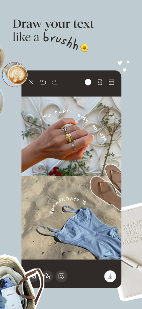 klora - scrapbook collages - klora 앱에서 만든 미학적인 디지털 스크랩북 콜라주, 여름 사진 위에 곡선 캡션을 그리는 텍스트 브러시 도구 포함