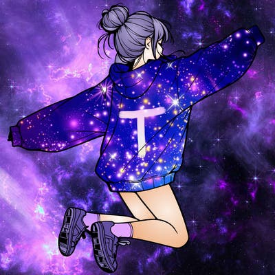 realistic girl jumping with a bun and oversized sweatshirt