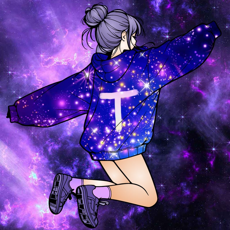 realistic girl jumping with a bun and oversized sweatshirt