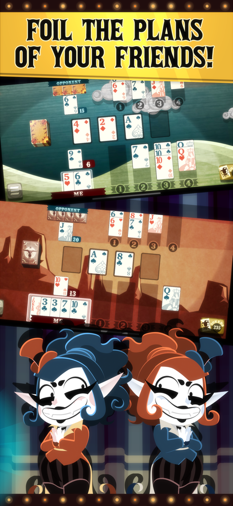 Spite & Malice! - Gameplay screenshots of Spite and Malice card game showing different themes and jester characters