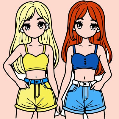 two sisters with crop tops and jean shorts and straight hair