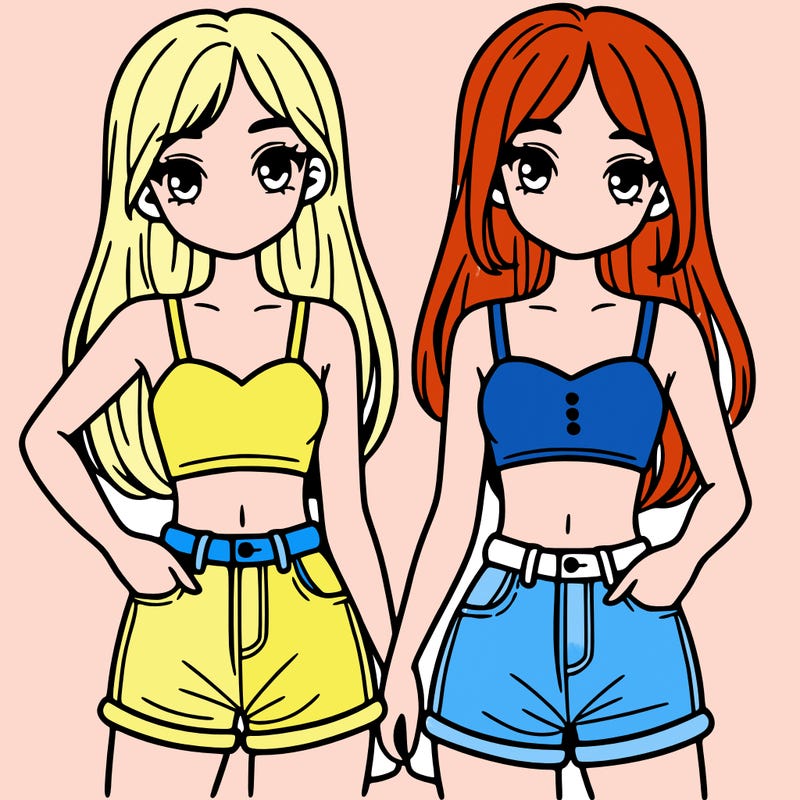 two sisters with crop tops and jean shorts and straight hair