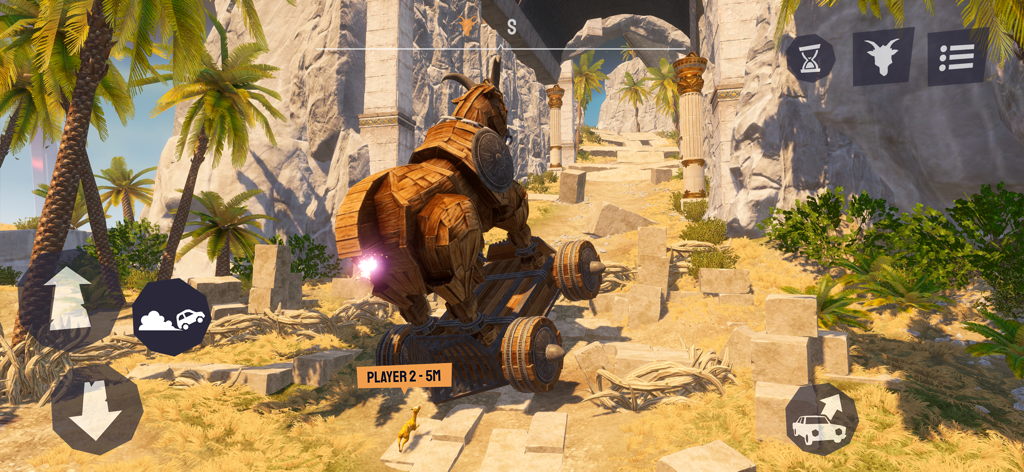 Goat Simulator 3 - Multiverse - A large wooden Trojan Horse on wheels in a desert environment from Goat Simulator 3 Multiverse