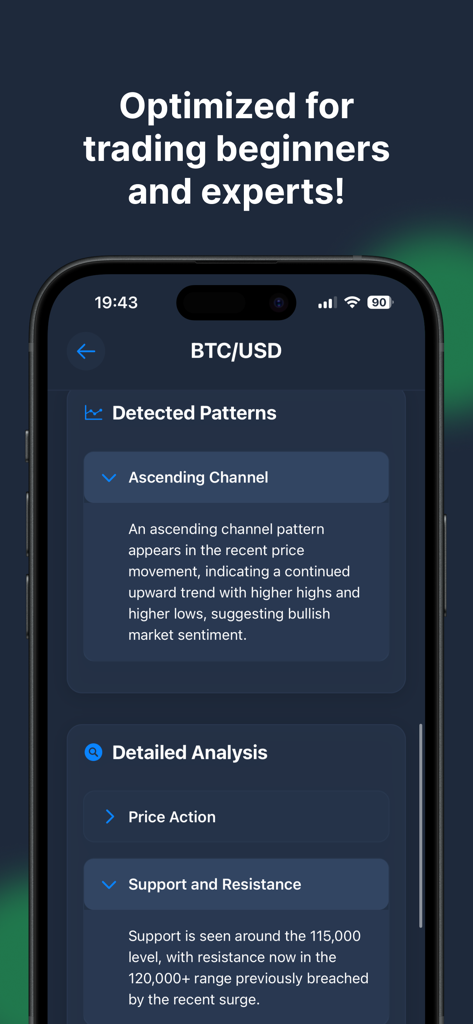 ChartDetector AI - Interfaz de la aplicación ChartDetector AI mostrando análisis técnico y patrones detectados para un gráfico de trading BTC USD