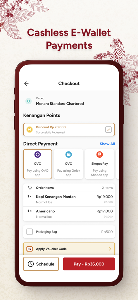 Kopi Kenangan Indonesia - Kopi Kenangan app checkout screen showing cashless e-wallet payment options and order summary