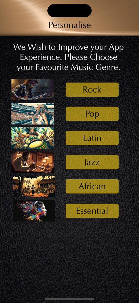 App screen showing music genre options including Rock Pop Latin and Jazz