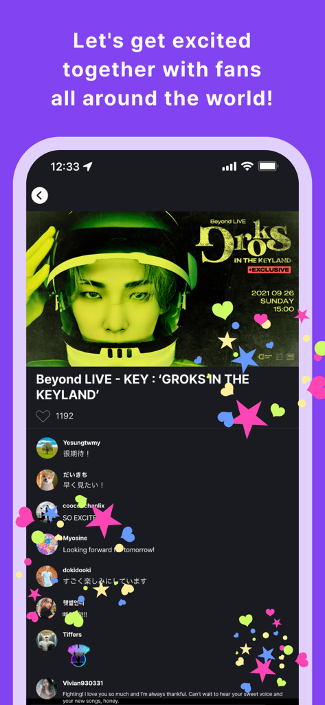Beyond LIVE-App-Oberfläche, die eine Live-Konzertveranstaltung mit einem Echtzeit-Fan-Chat und globaler Interaktion zeigt