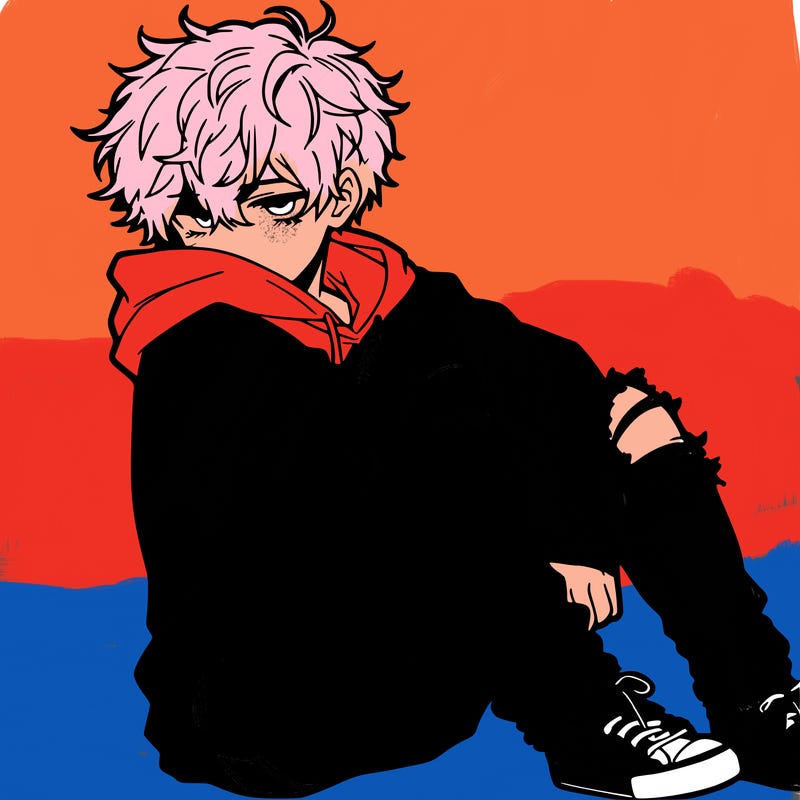 a male hoddie ripped jeans messy hair anime