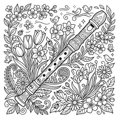 Celebrate the joy of music and the beauty of spring with this delightful coloring page featuring a decorative recorder. Surrounded by an abundance of blooming flowers and cheerful nature elements, it offers a serene and engaging coloring experience.